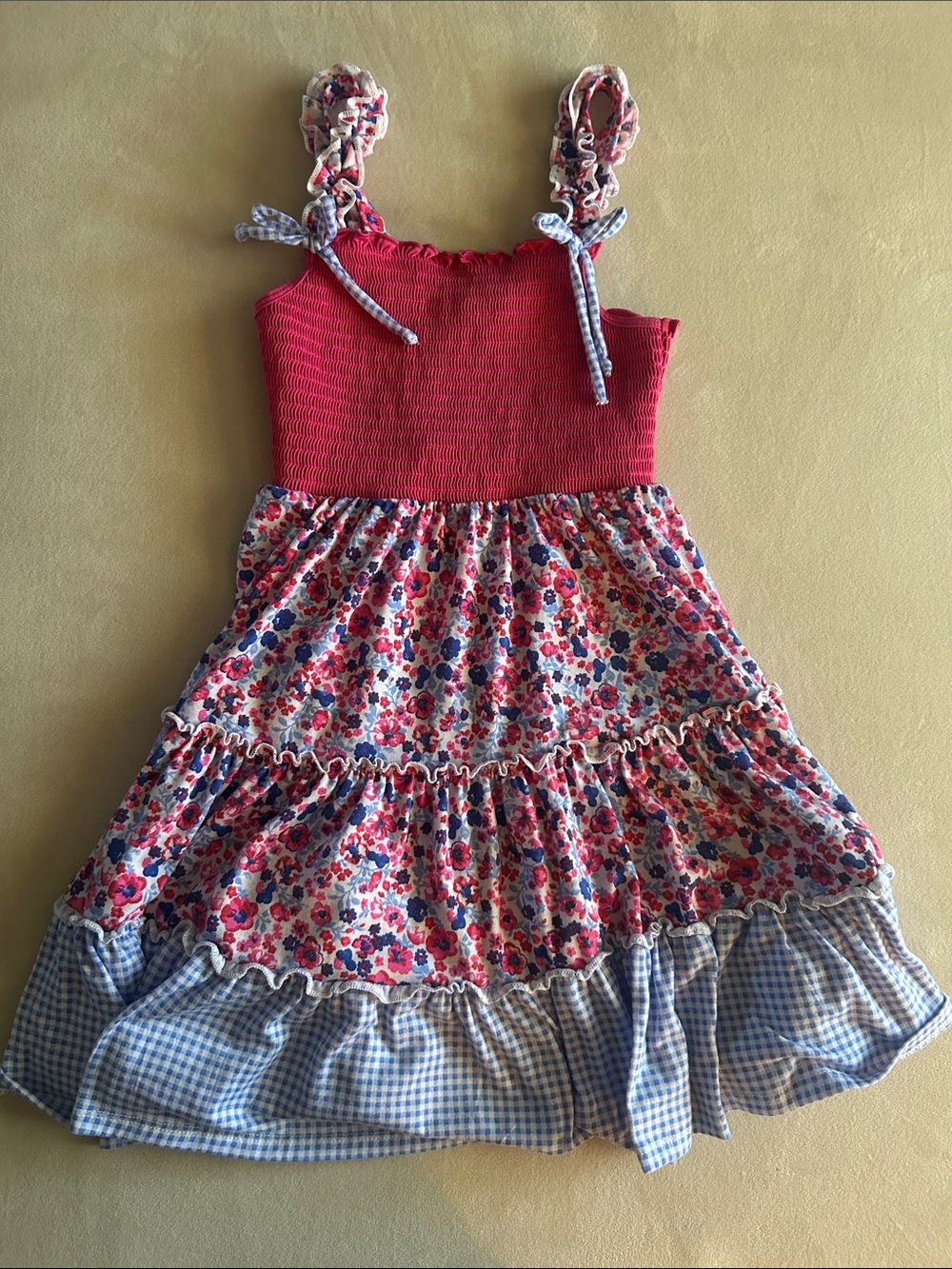 Jona Michelle Red Floral Tiered Dress with Blue Gingham